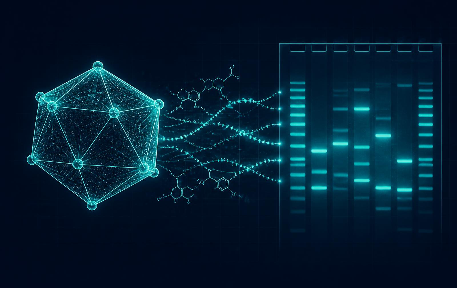 Ilustración de una cápside viral icosaédrica conectada a bandas de electroforesis de ADN